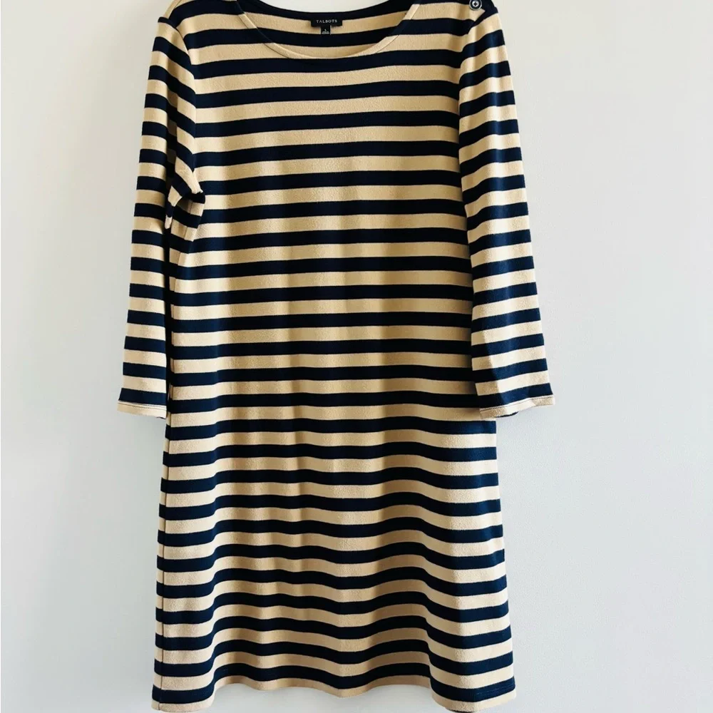 Talbots Dress Navy Tan Stripe Long Sleeve Cotton Knee Women’s L Preppy Nautical